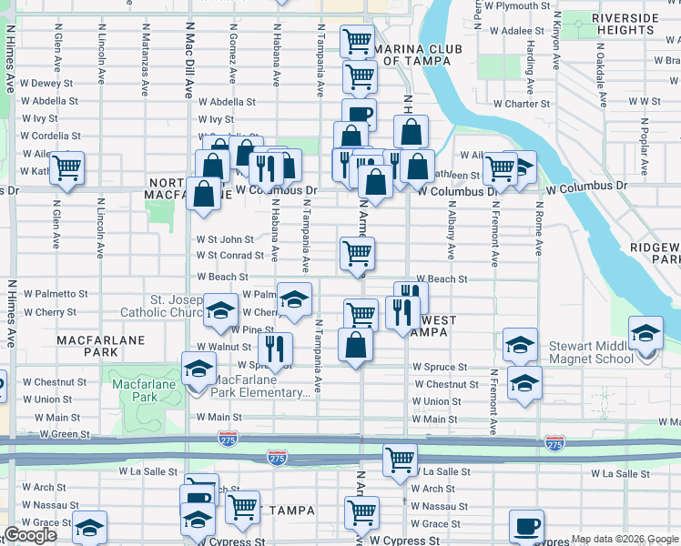 map of restaurants, bars, coffee shops, grocery stores, and more near 2534 West Beach Street in Tampa