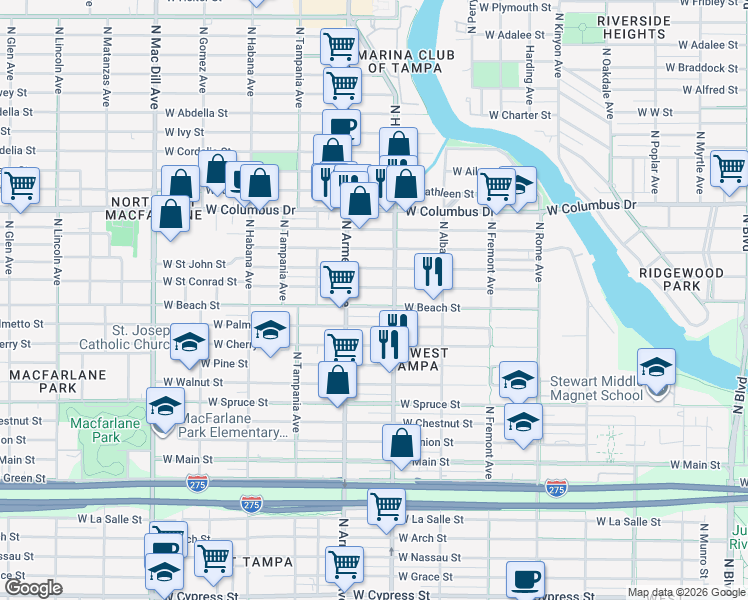 map of restaurants, bars, coffee shops, grocery stores, and more near 2313 West Beach Street in Tampa