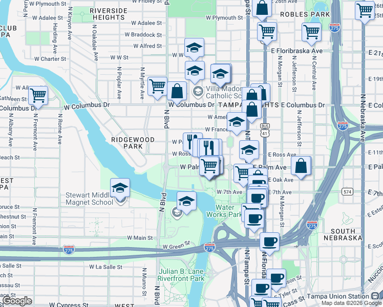 map of restaurants, bars, coffee shops, grocery stores, and more near 501 West Ross Avenue in Tampa
