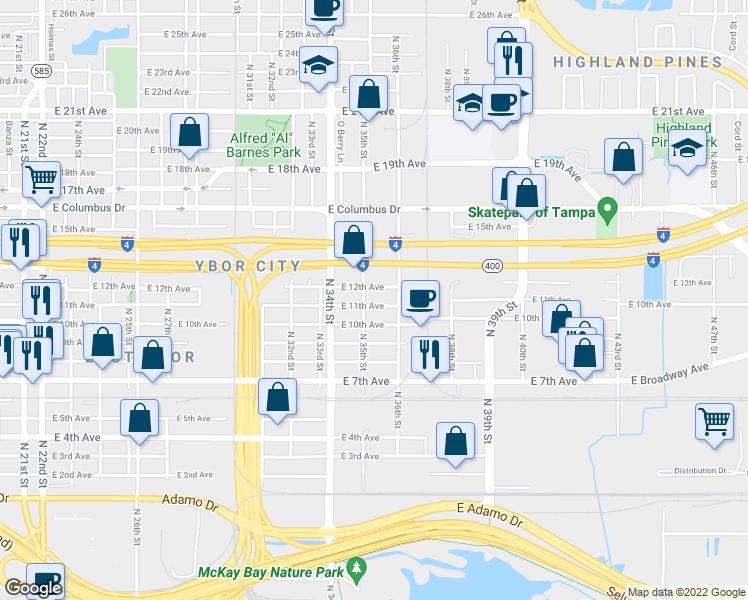map of restaurants, bars, coffee shops, grocery stores, and more near 3505 East 11th Avenue in Tampa