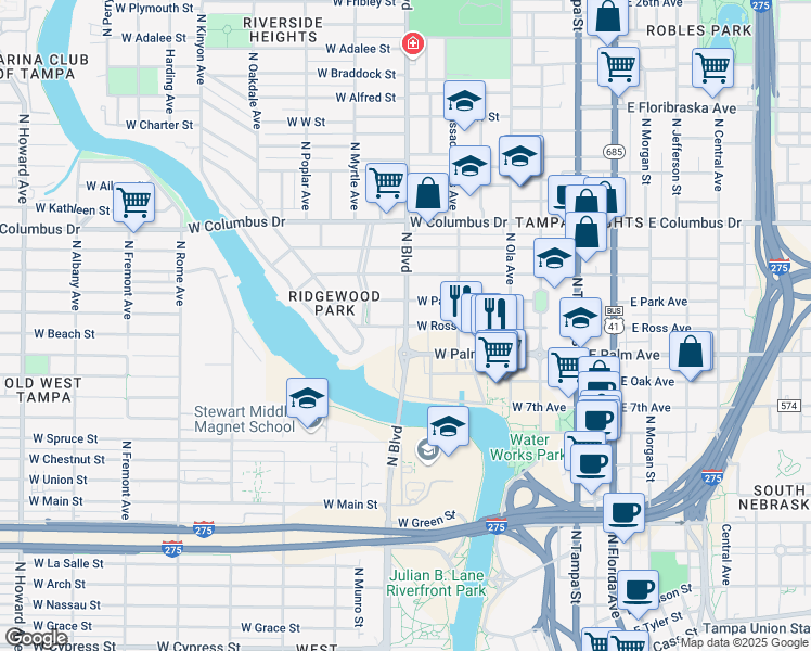 map of restaurants, bars, coffee shops, grocery stores, and more near 2124 North Garcia Avenue in Tampa