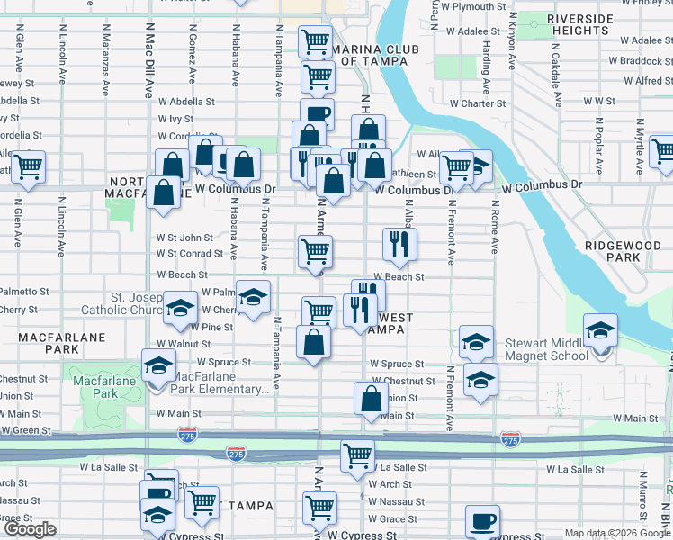 map of restaurants, bars, coffee shops, grocery stores, and more near 2313 West Beach Street in Tampa