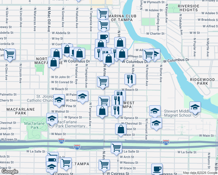 map of restaurants, bars, coffee shops, grocery stores, and more near 2412 West Beach Street in Tampa