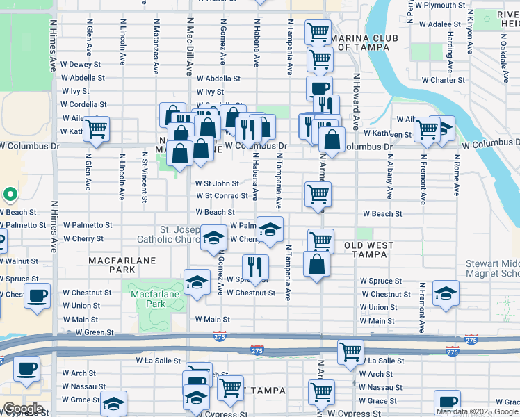 map of restaurants, bars, coffee shops, grocery stores, and more near 2918 West Beach Street in Tampa