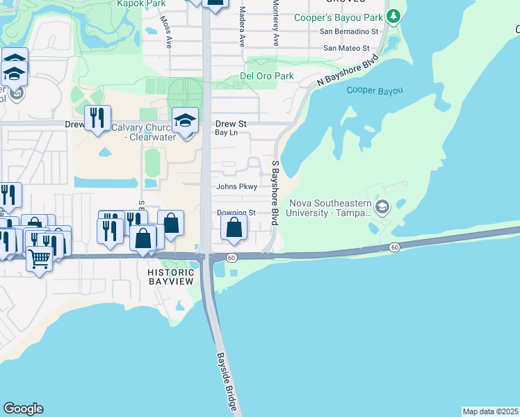 map of restaurants, bars, coffee shops, grocery stores, and more near 3167 Downing Street in Clearwater