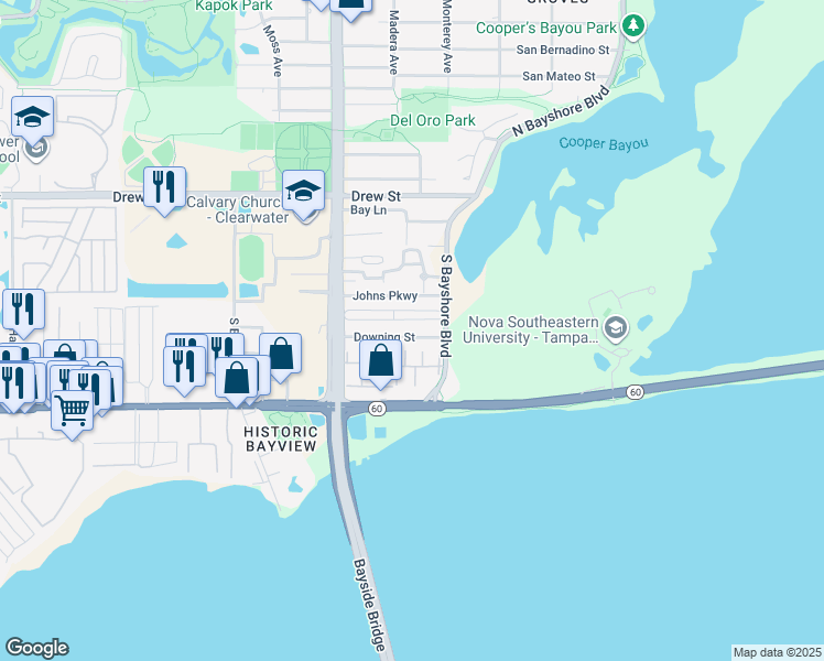 map of restaurants, bars, coffee shops, grocery stores, and more near 3167 Downing Street in Clearwater
