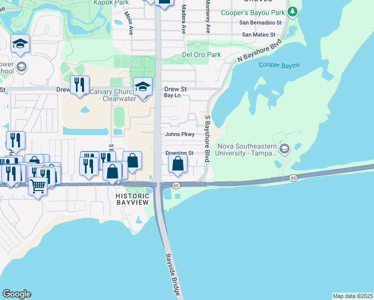map of restaurants, bars, coffee shops, grocery stores, and more near 3137 Downing Street in Clearwater