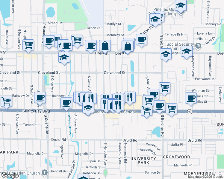 map of restaurants, bars, coffee shops, grocery stores, and more near 203 South Cirus Avenue in Clearwater