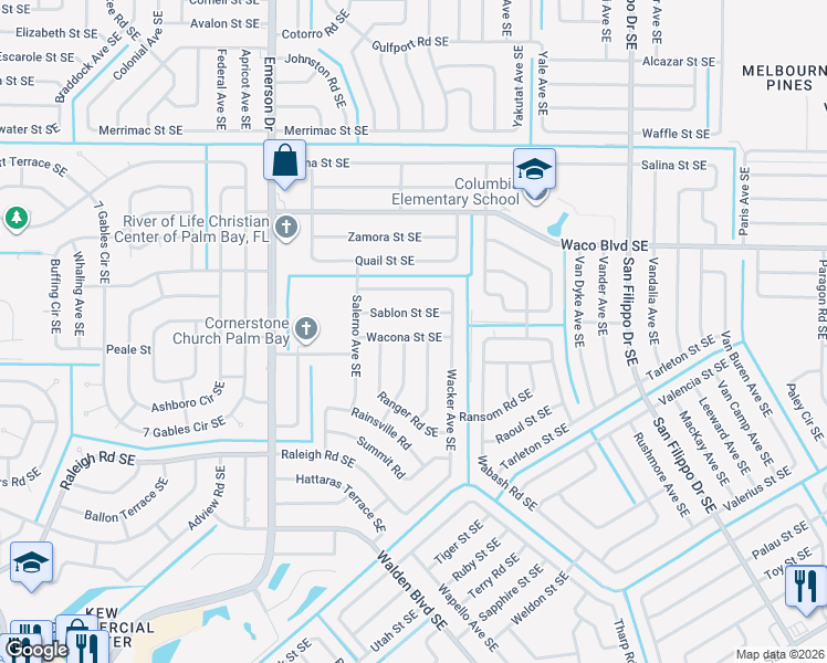 map of restaurants, bars, coffee shops, grocery stores, and more near 1013 Wacona Street Southeast in Palm Bay