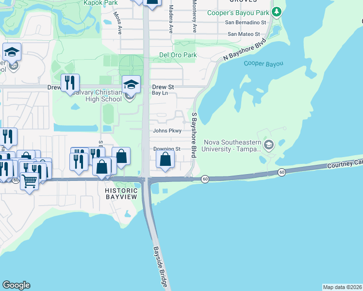 map of restaurants, bars, coffee shops, grocery stores, and more near 3167 Downing Street in Clearwater