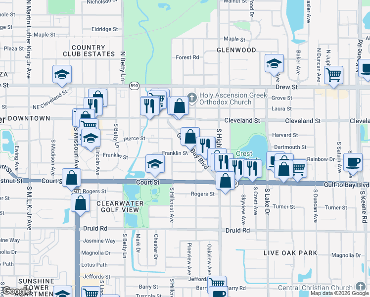 map of restaurants, bars, coffee shops, grocery stores, and more near 1441 Gulf to Bay Boulevard in Clearwater
