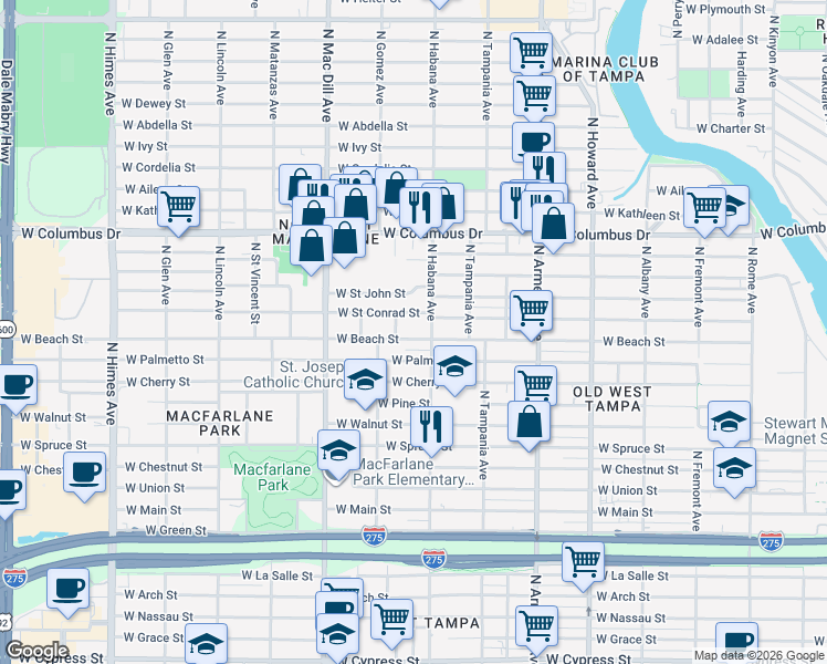 map of restaurants, bars, coffee shops, grocery stores, and more near 2918 West Beach Street in Tampa