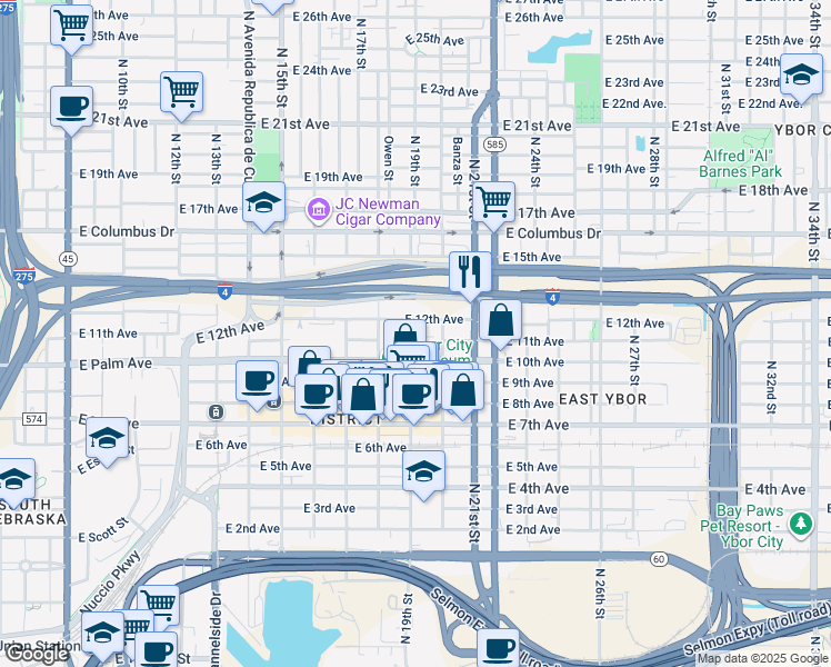 map of restaurants, bars, coffee shops, grocery stores, and more near 1910 East Palm Avenue in Tampa