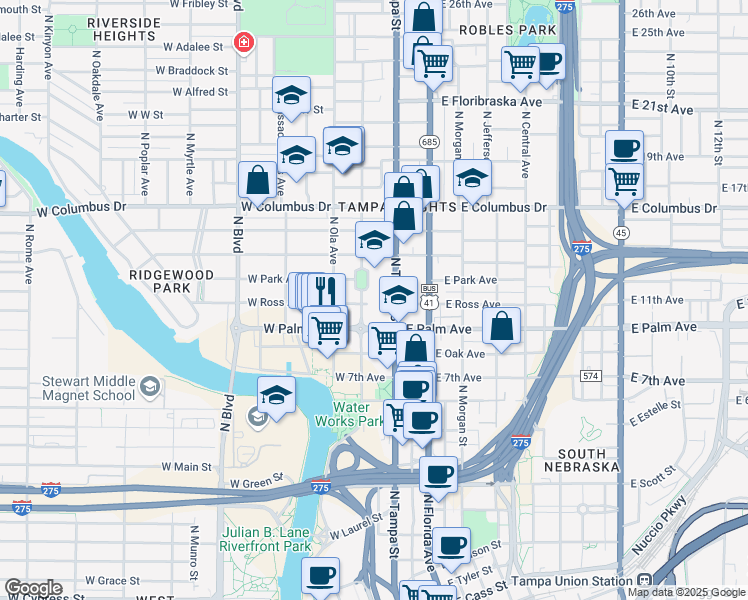 map of restaurants, bars, coffee shops, grocery stores, and more near 2222 North Tampa Street in Tampa