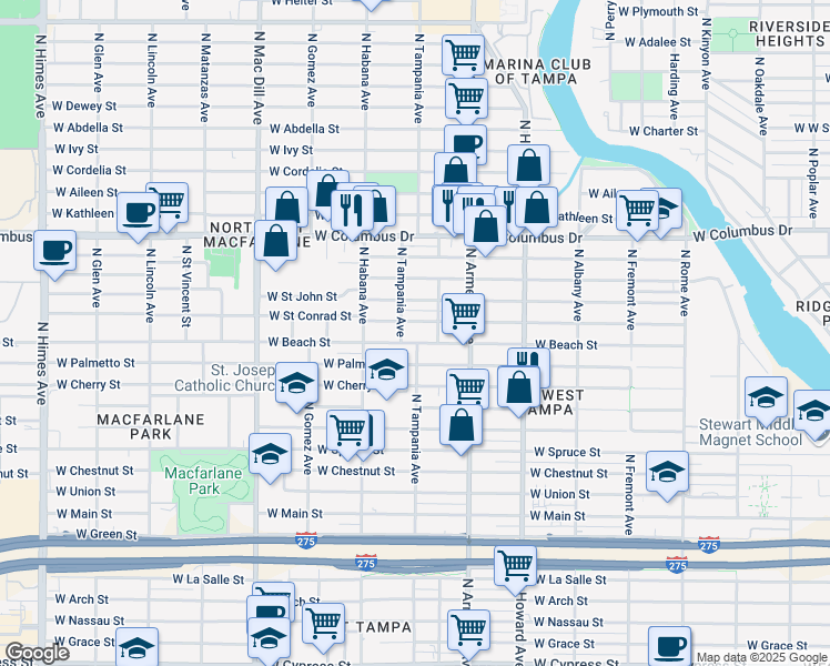 map of restaurants, bars, coffee shops, grocery stores, and more near 2719 West Beach Street in Tampa