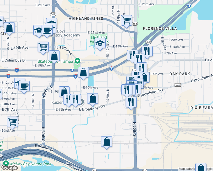 map of restaurants, bars, coffee shops, grocery stores, and more near 4706 East 10th Avenue in Tampa