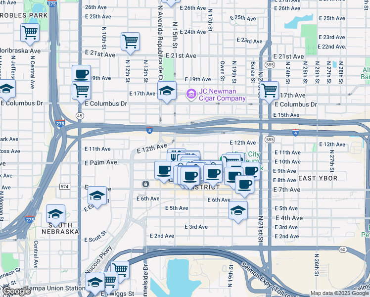 map of restaurants, bars, coffee shops, grocery stores, and more near 1601 Hacienda Court in Tampa