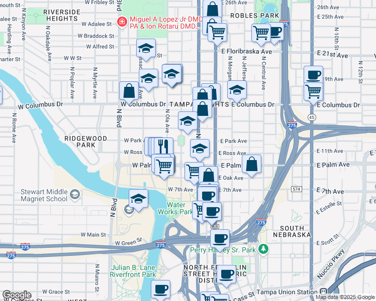 map of restaurants, bars, coffee shops, grocery stores, and more near 202 West Ross Avenue in Tampa