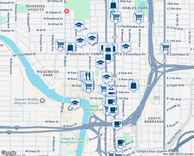 map of restaurants, bars, coffee shops, grocery stores, and more near 202 West Ross Avenue in Tampa