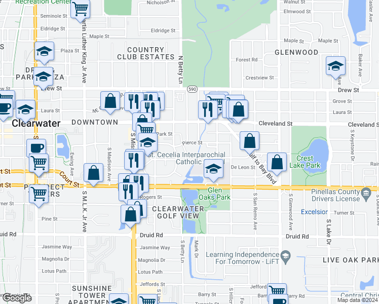 map of restaurants, bars, coffee shops, grocery stores, and more near 224 Waverly Way in Clearwater