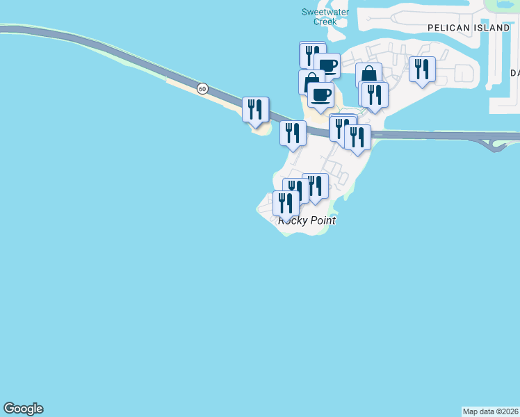 map of restaurants, bars, coffee shops, grocery stores, and more near 2506 North Rocky Point Drive in Tampa