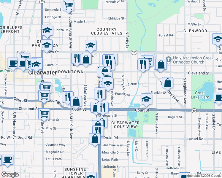 map of restaurants, bars, coffee shops, grocery stores, and more near 212 South Lincoln Avenue in Clearwater