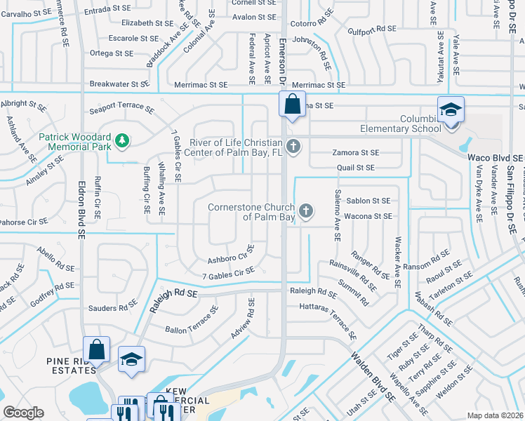map of restaurants, bars, coffee shops, grocery stores, and more near 1343 Ashboro Circle Southeast in Palm Bay