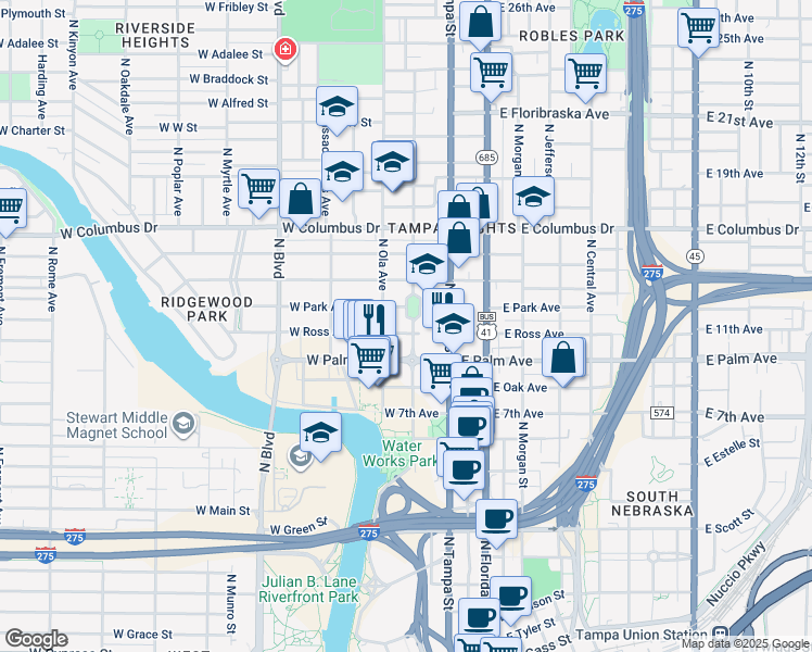 map of restaurants, bars, coffee shops, grocery stores, and more near 2202 North Highland Avenue in Tampa