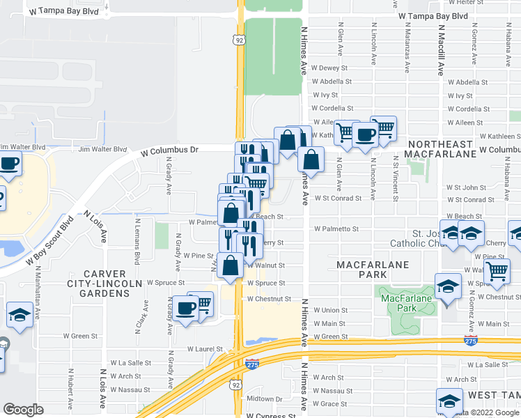 map of restaurants, bars, coffee shops, grocery stores, and more near 3702 West Beach Street in Tampa