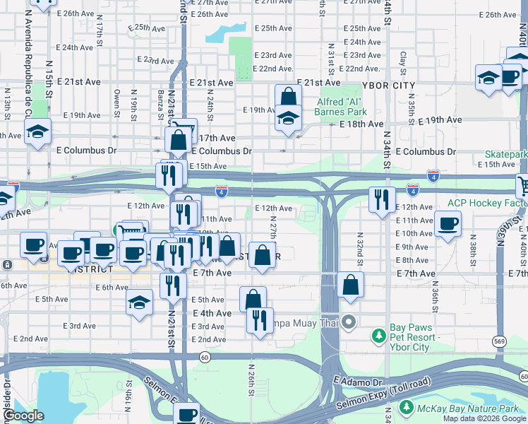 map of restaurants, bars, coffee shops, grocery stores, and more near 2705 East 10th Avenue in Tampa