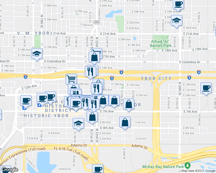 map of restaurants, bars, coffee shops, grocery stores, and more near 2311 East 11th Avenue in Tampa