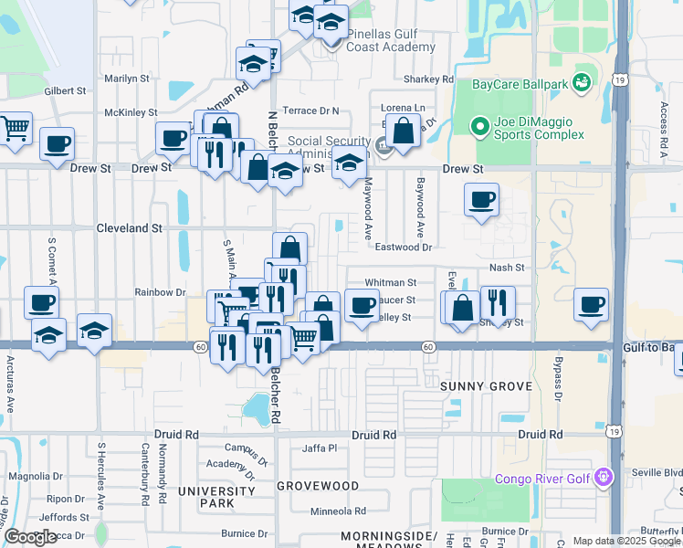 map of restaurants, bars, coffee shops, grocery stores, and more near 206 South Maywood Avenue in Clearwater