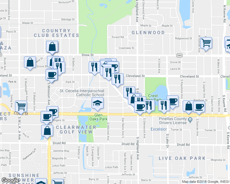 map of restaurants, bars, coffee shops, grocery stores, and more near 1400 Franklin Street in Clearwater