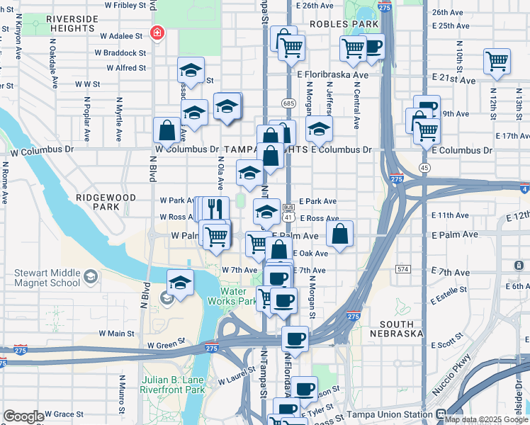 map of restaurants, bars, coffee shops, grocery stores, and more near North Tampa Street in Tampa