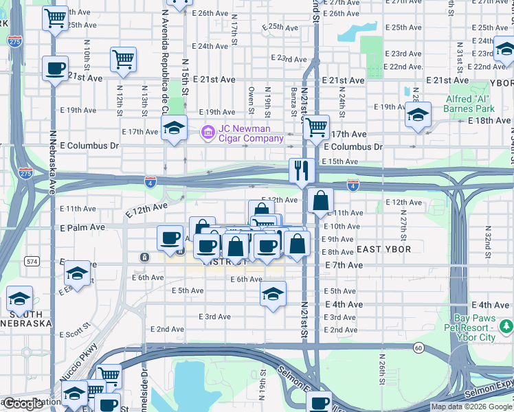 map of restaurants, bars, coffee shops, grocery stores, and more near 1810 East Palm Avenue in Tampa