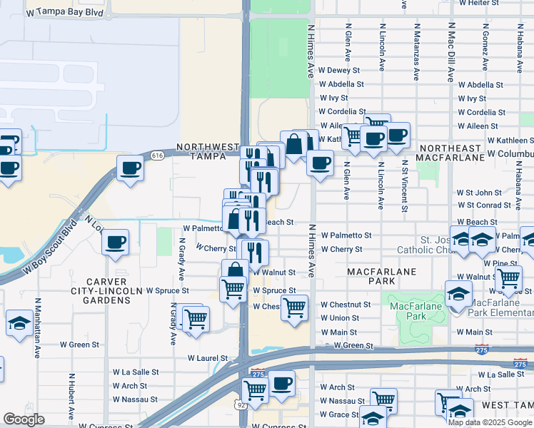 map of restaurants, bars, coffee shops, grocery stores, and more near 2525 North Dale Mabry Highway in Tampa