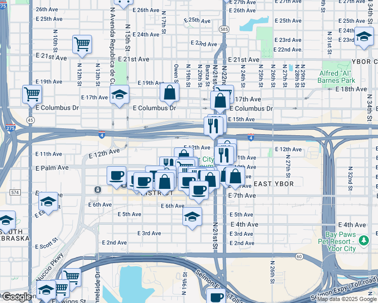 map of restaurants, bars, coffee shops, grocery stores, and more near 11101 North 20th Street in Tampa