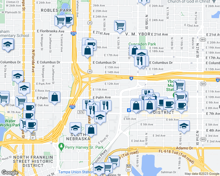 map of restaurants, bars, coffee shops, grocery stores, and more near 929 East 11th Avenue in Tampa