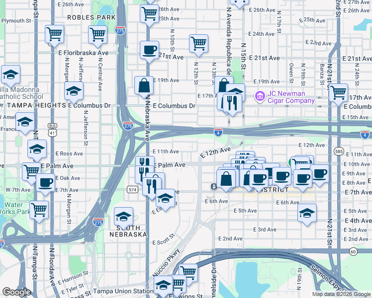 map of restaurants, bars, coffee shops, grocery stores, and more near 953 East 11th Avenue in Tampa