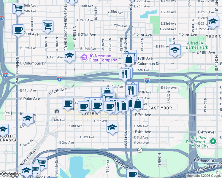 map of restaurants, bars, coffee shops, grocery stores, and more near 1810 East Palm Avenue in Tampa