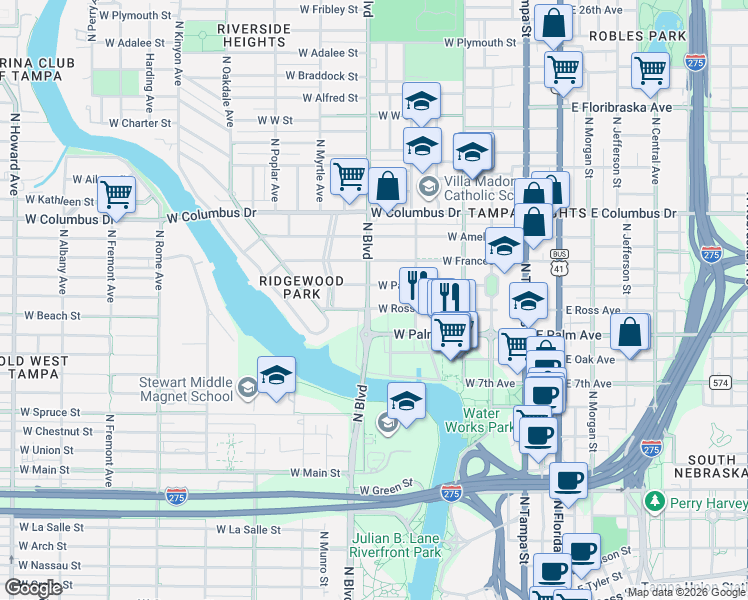 map of restaurants, bars, coffee shops, grocery stores, and more near 2124 North Garcia Avenue in Tampa