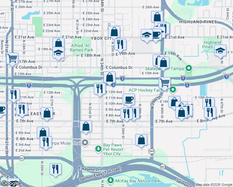map of restaurants, bars, coffee shops, grocery stores, and more near 3505 East 11th Avenue in Tampa