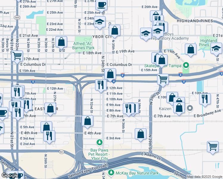 map of restaurants, bars, coffee shops, grocery stores, and more near 3505 East 11th Avenue in Tampa