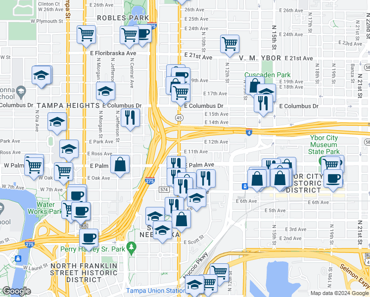 map of restaurants, bars, coffee shops, grocery stores, and more near in Tampa