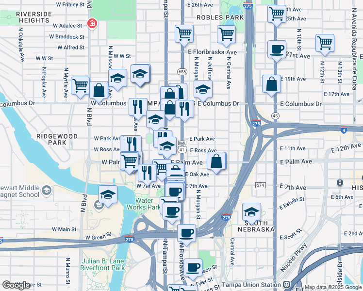 map of restaurants, bars, coffee shops, grocery stores, and more near 1910 North Florida Avenue in Tampa