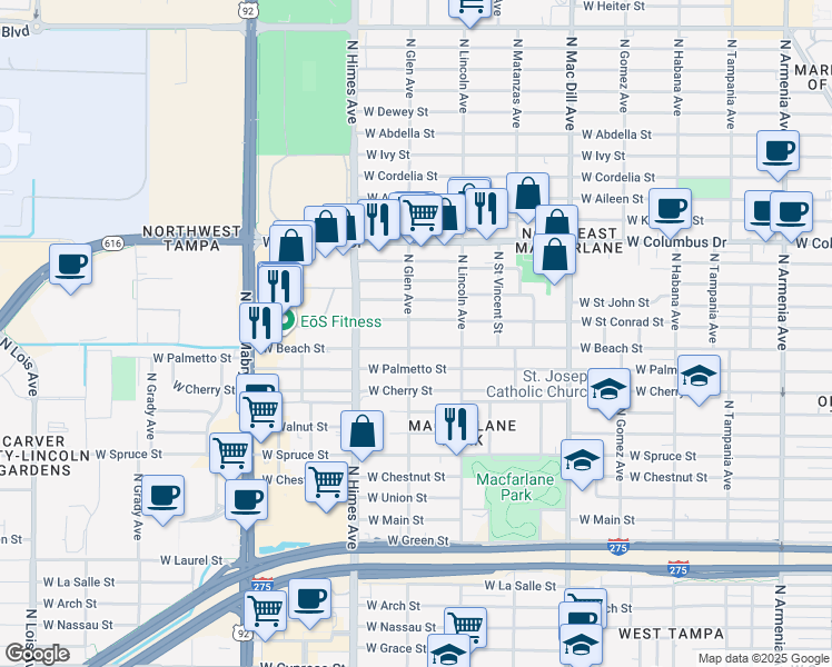map of restaurants, bars, coffee shops, grocery stores, and more near 3316 West Beach Street in Tampa