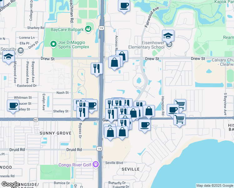 map of restaurants, bars, coffee shops, grocery stores, and more near 380 Park Pl Blvd in Clearwater