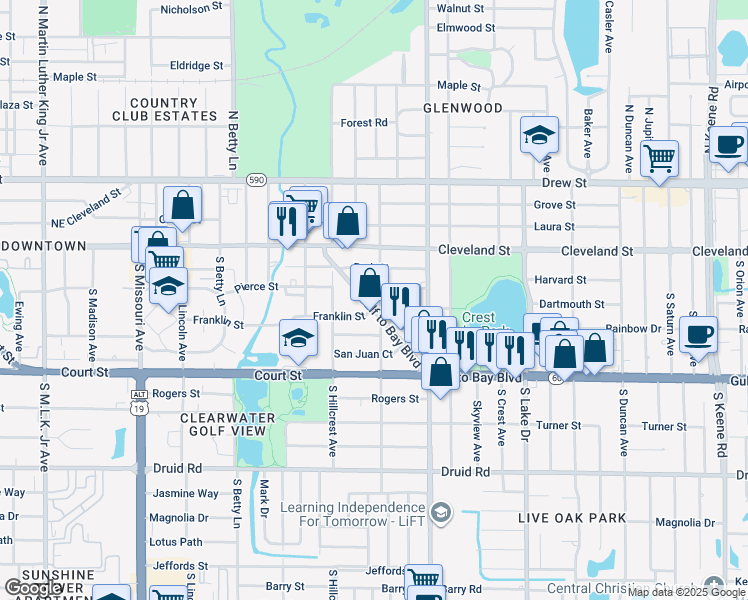 map of restaurants, bars, coffee shops, grocery stores, and more near 1446 Gulf to Bay Boulevard in Clearwater