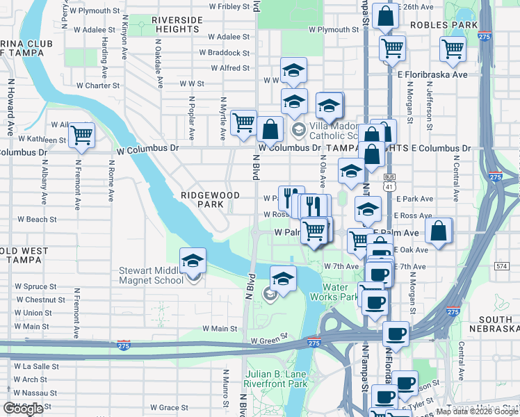 map of restaurants, bars, coffee shops, grocery stores, and more near 2124 North Garcia Avenue in Tampa