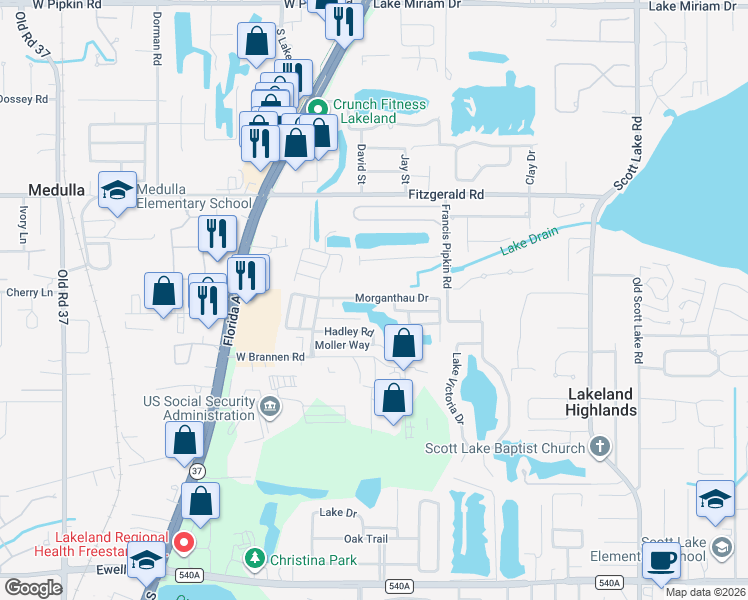 map of restaurants, bars, coffee shops, grocery stores, and more near 272 Odessa Drive in Lakeland